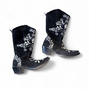 Agave Sky Black Leather Pointed Toe Embroidered Western Boots Size 5 Cowboy Heel